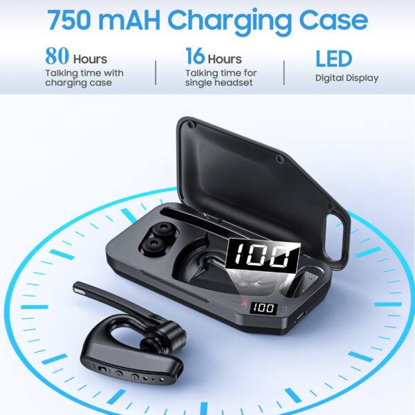 Bluetooth Headset V5.2 Wireless Bluetooth Earpiece with 750mAH Charging Case 80Hrs Talktime Wireless Headset with CVC8.0 Dual Mic Noise Canceling for iPhone Cellphone Trucker Work